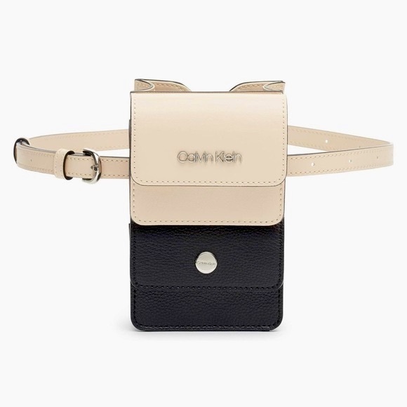 NWT Calvin Klein Tonya Calf Leather Beige/Sand Black Mini Belt Bag 1CK11 - Picture 3 of 6